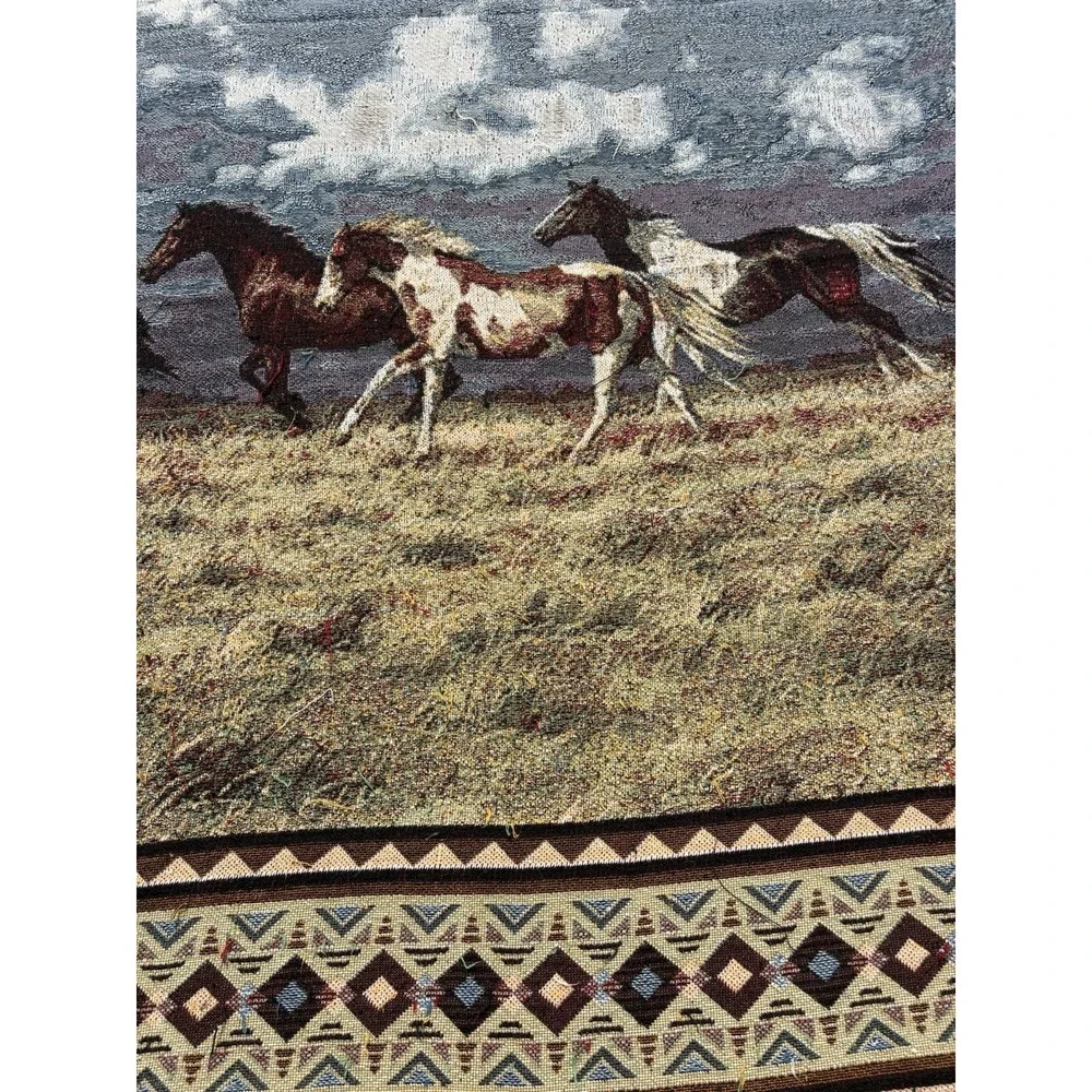 Vintage 90s C. Cummings Horses Fringe Throw Tapestry Blanket 13 FEET X 64 Inches